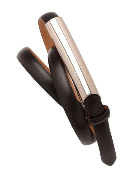 A women's slimline belt in black leather with a silver metallic accent, featuring a simple and elegant design.