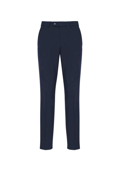 Navy classic slim pants with a tailored fit. Features a front button and belt loops, and has a logo on the waistband.