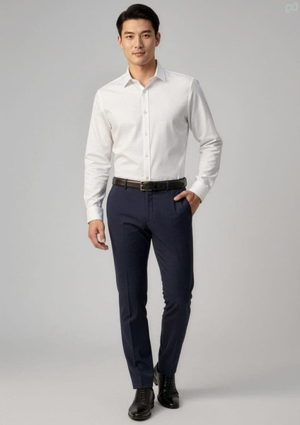 A man wearing a white shirt and navy blue classic slim pants, paired with black shoes and a belt. The image features branding.