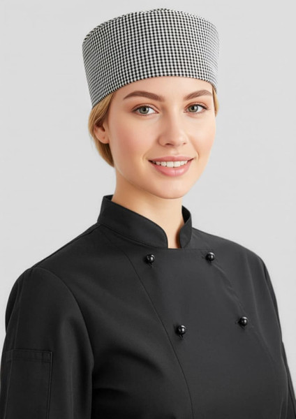 A woman wearing a black chef jacket with black buttons and a checkered chef hat.