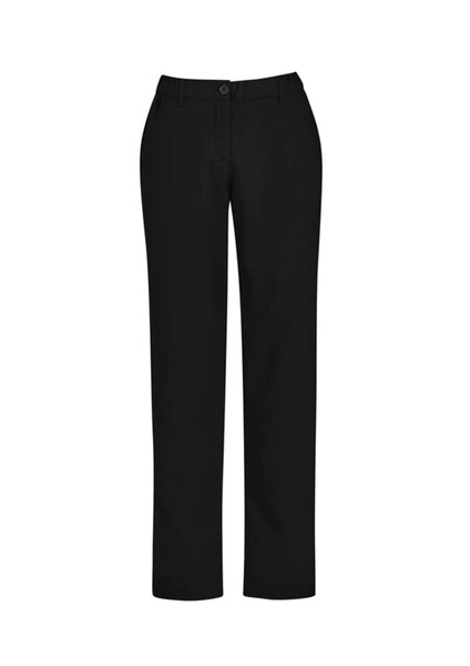 Black straight leg pants featuring a comfort waist design, suitable for women's casual or formal wear.
