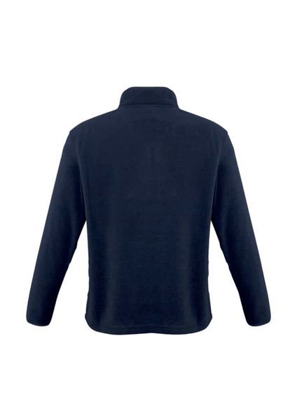 A navy polar fleece jacket with a high collar and long sleeves, featuring a logo.