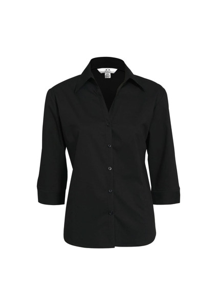 A black women's button-up shirt with 3/4 sleeves and a collared neck, featuring a logo on the tag.