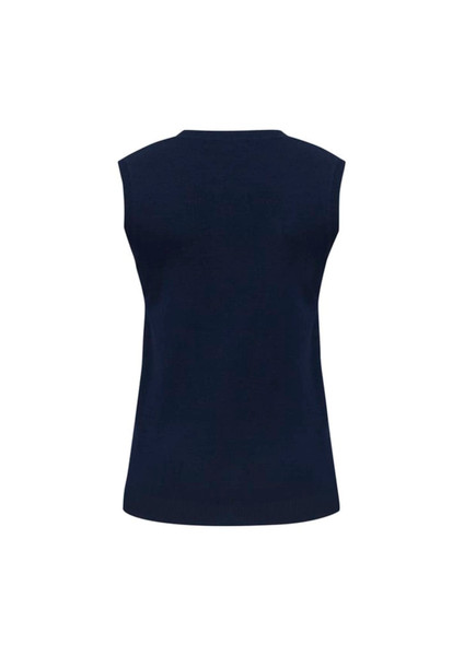 A navy women's V-neck knit vest with no sleeves, featuring a simple design and a logo on the back.