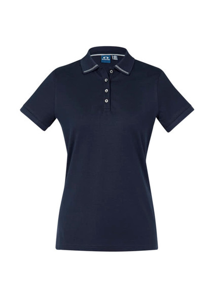 Womens Aston Short Sleeve Polo in navy, featuring a collar, short sleeves, and a branded logo.