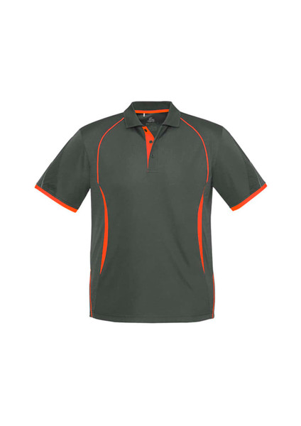 A grey polo shirt with orange accents, featuring short sleeves and a collar, and includes a logo.