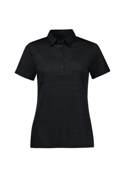 A black women's short sleeve polo shirt with a collar and button placket, featuring a subtle textured design.
