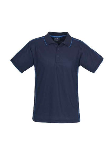 A navy blue short sleeve polo shirt with contrasting blue piping and a logo on the chest.