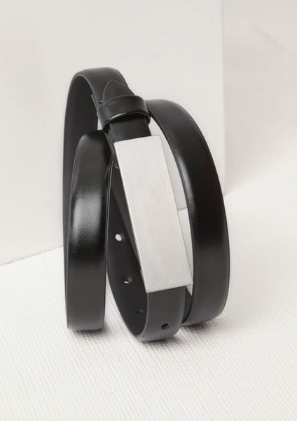 A black women's leather belt with a silver buckle, featuring a sleek design and a branding logo.
