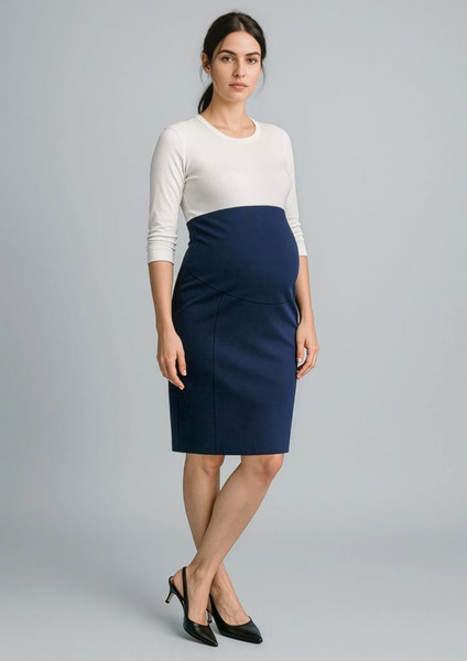 A woman wearing a navy maternity skirt with a light-coloured top, showcasing the garment's fitted design.
