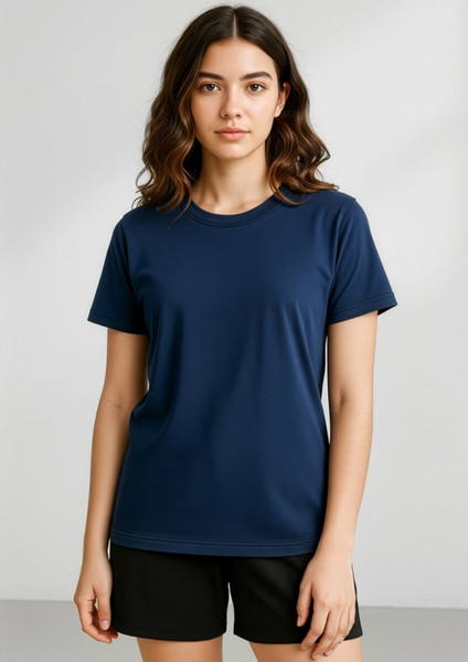 A navy short sleeve tee with a simple design, featuring a logo on the front. The model is wearing it with black shorts.