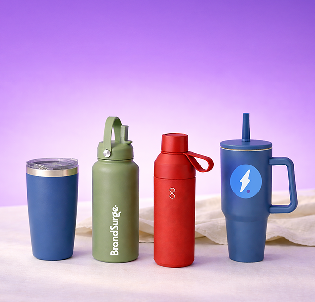Selection of branded coffee cups and stainless bottles
