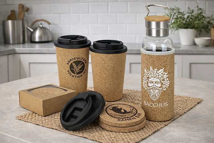 Cork drinkware, coasters and notebooks