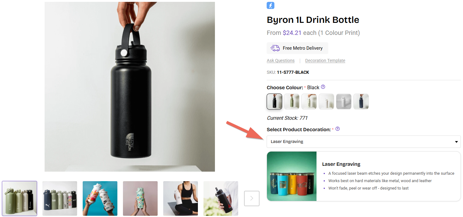 Product page screenshot showing the decoration method selector with available print options listed for a promotional product