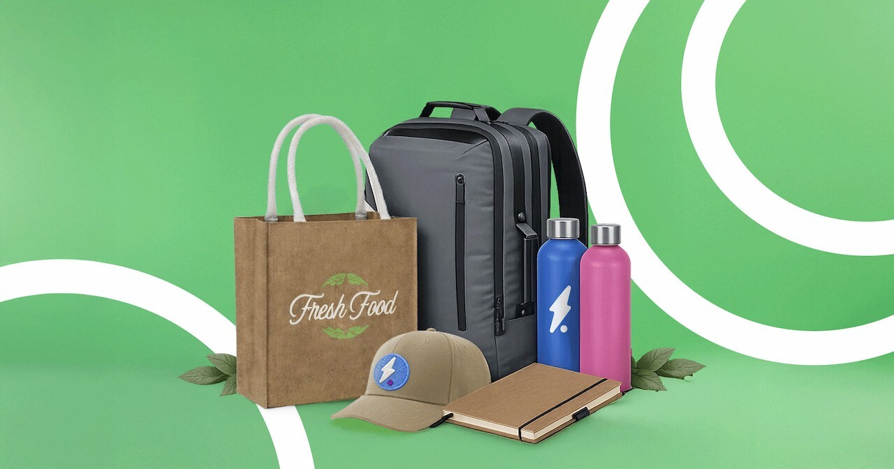 Collection of eco-friendly branded merchandise on a natural background