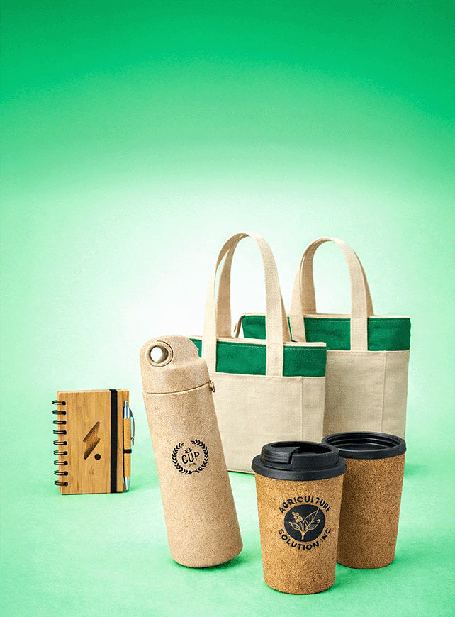 Eco-friendly merchandise made from bamboo, recycled cotton and cork
