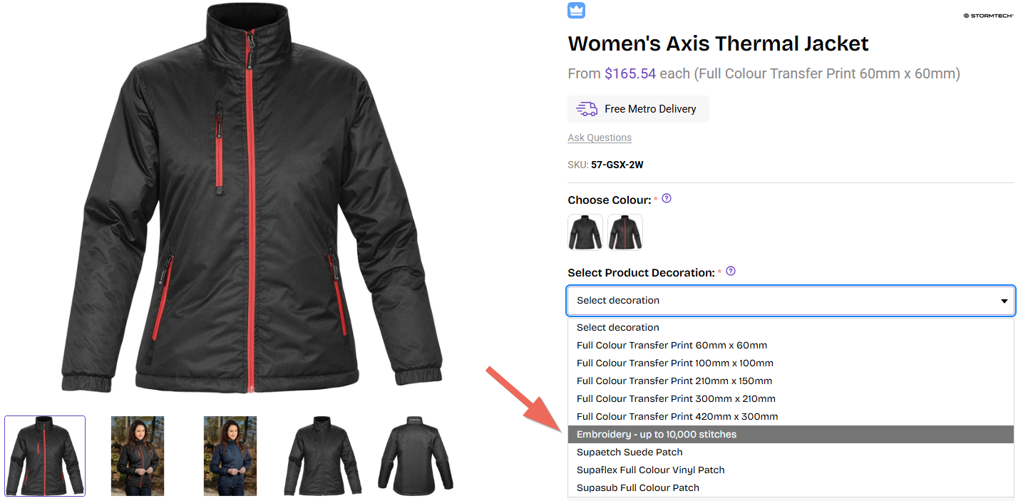 Product page screenshot showing embroidery listed as an available decoration option in the branding method selector