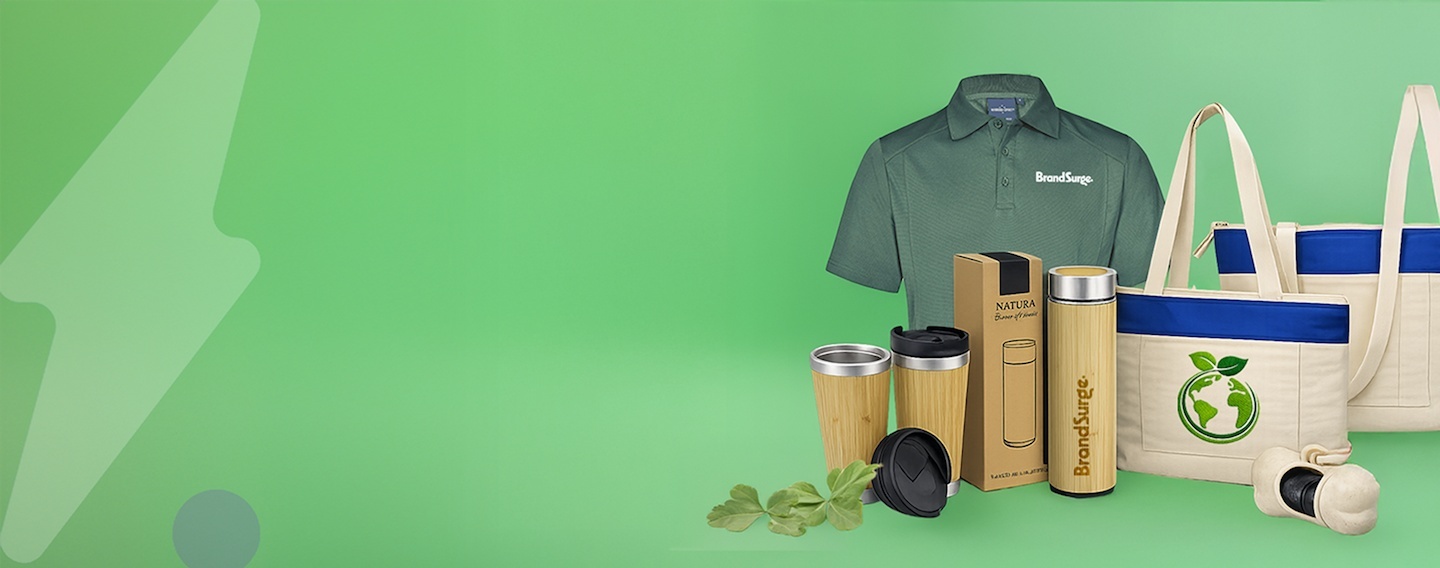 Eco-friendly branded merchandise including reusable cups and recycled stationery
