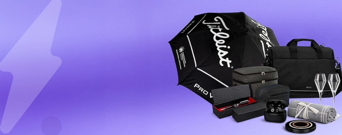 Premium branded merchandise on a dark background