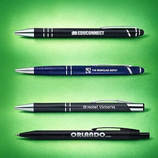 Laser engraving on metal pens showing a permanently etched logos with clean precise lines