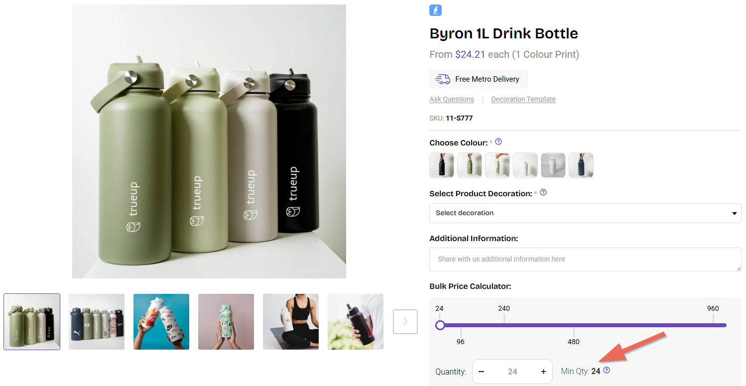 Product page screenshot showing the minimum order quantity field with quantity pricing tiers listed below