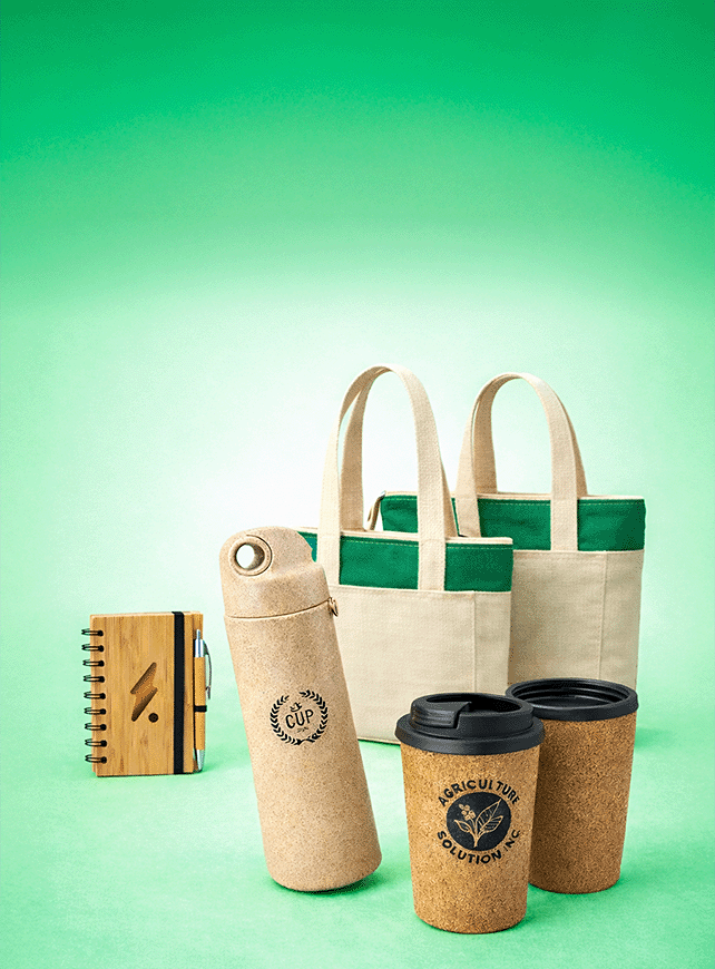 Eco-friendly merchandise made from bamboo, recycled cotton and cork