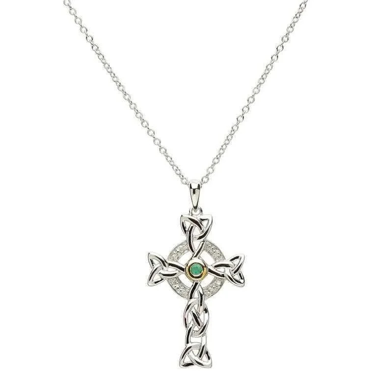 Shanore Trinity Knot Diamond Emerald Silver Celtic Cross
