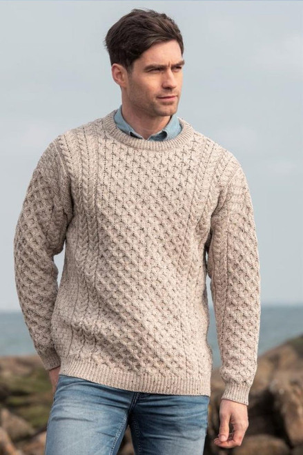 West End Knitwear | Aran Knit Crew Neck Sweater -Oatmeal