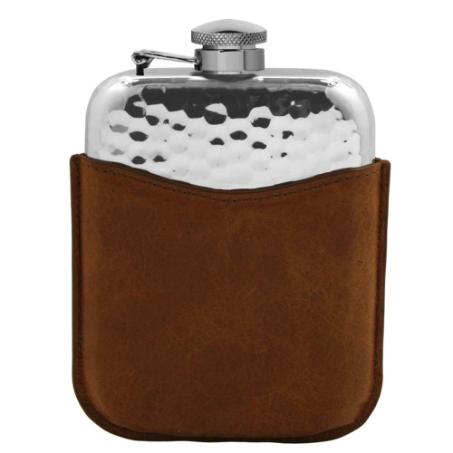 Flask | 6oz Hammered Design Captive Top Pewter Hip Flask with Tan Leather Pouch