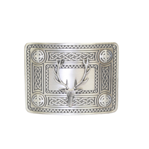 Belt Buckle | Celtic Design Buckle Raised Bosses – Antique Silver – with Stag Crest