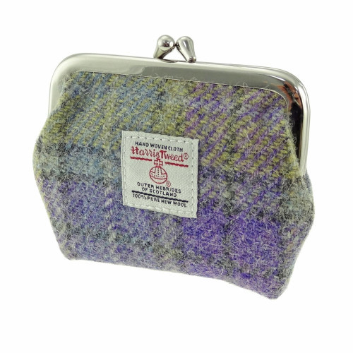 Harris Tweed | 'Eigg' Small Clasp Purse in Muted Lilac / Lime Green Tartan