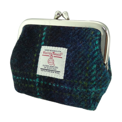 Harris Tweed | 'Eigg' Small Clasp Purse in Blue with Turquoise Overcheck