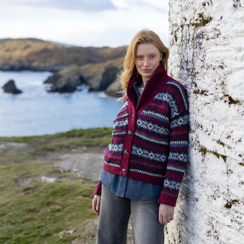 Fisherman Out of Ireland | Jacquard Fairisle Cardigan Berry