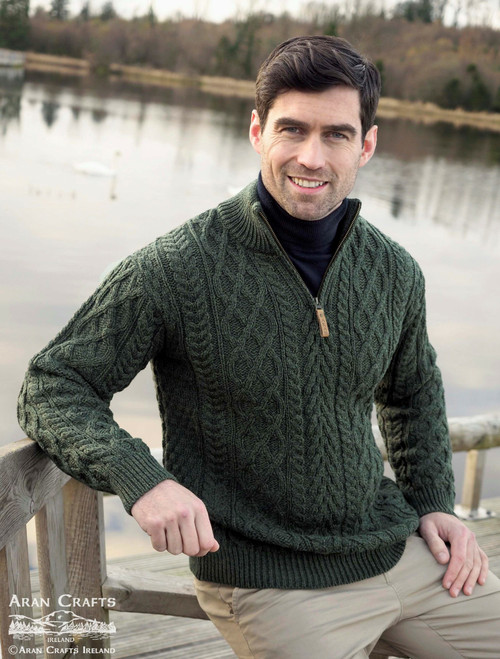 Aran Crafts | Donegal Half-zip Sweater – Army Green