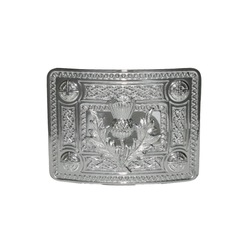 Belt Buckle | Celtic Design Buckle Raised Bosses – Chrome Plated – With Thistle Crest