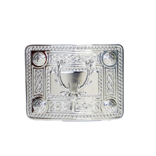 Belt Buckle | Celtic Design Buckle Raised Bosses – Chrome Plated – With Stag Crest