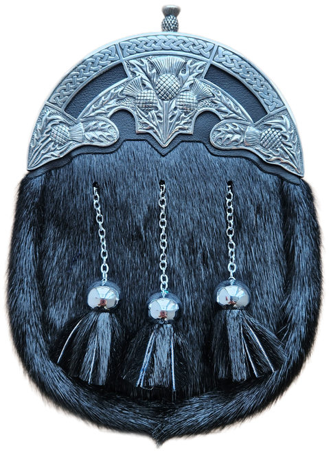 Formal Dress Sporran | Black Seal Fur with Thistle Cantle Polished Finished