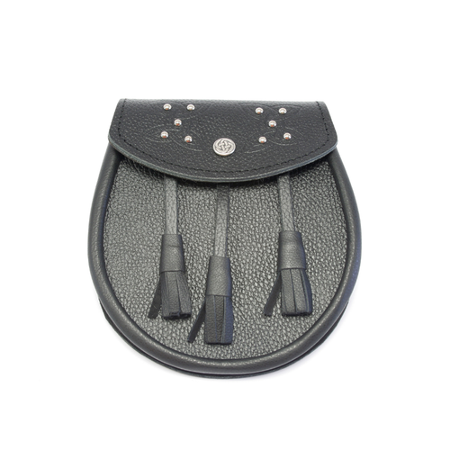 Day Sporran | Black Leather Sporran with Studded Embossed Lid and Celtic press stud