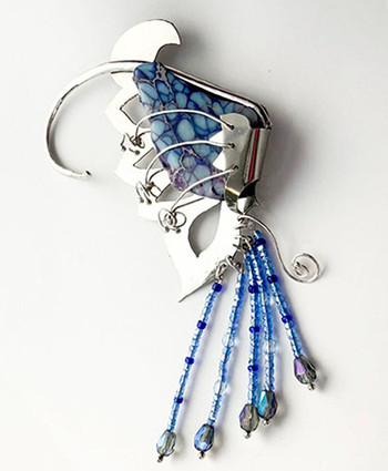 Handcrafted blue jasper clip with silver filigree and bead fringe.