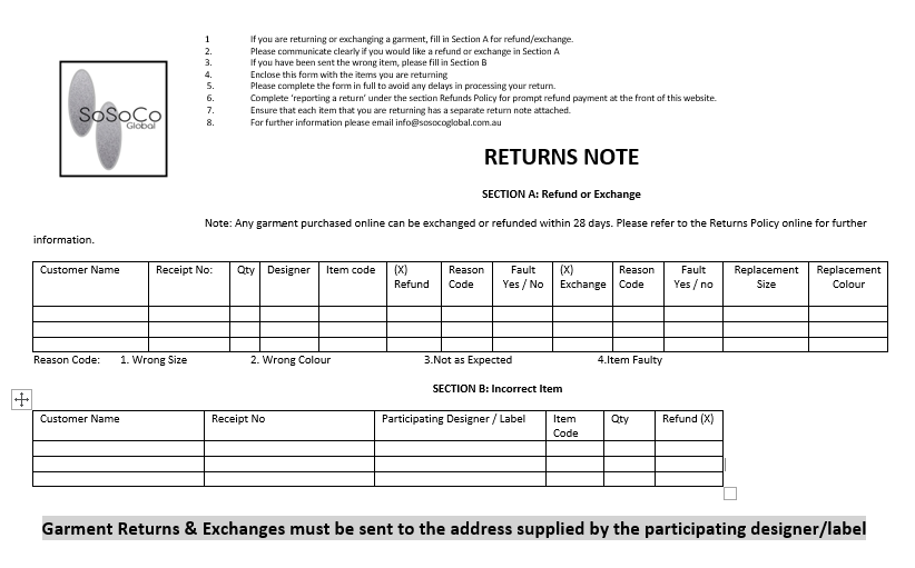 Return of Goods Form, Return Form, Merchandise Return Form 