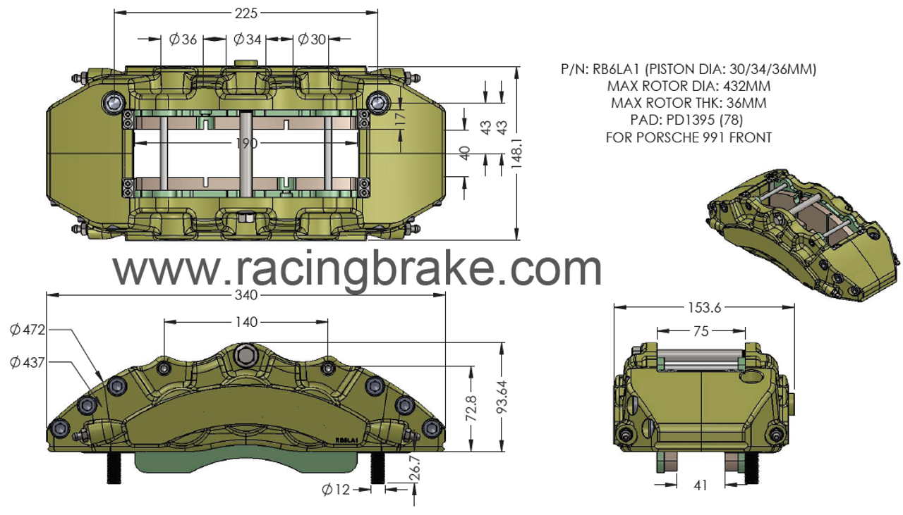 RB6LA Caliper (225x43) 6-Piston: 30/34/36mm for Porsche 991 Front (Price per each)