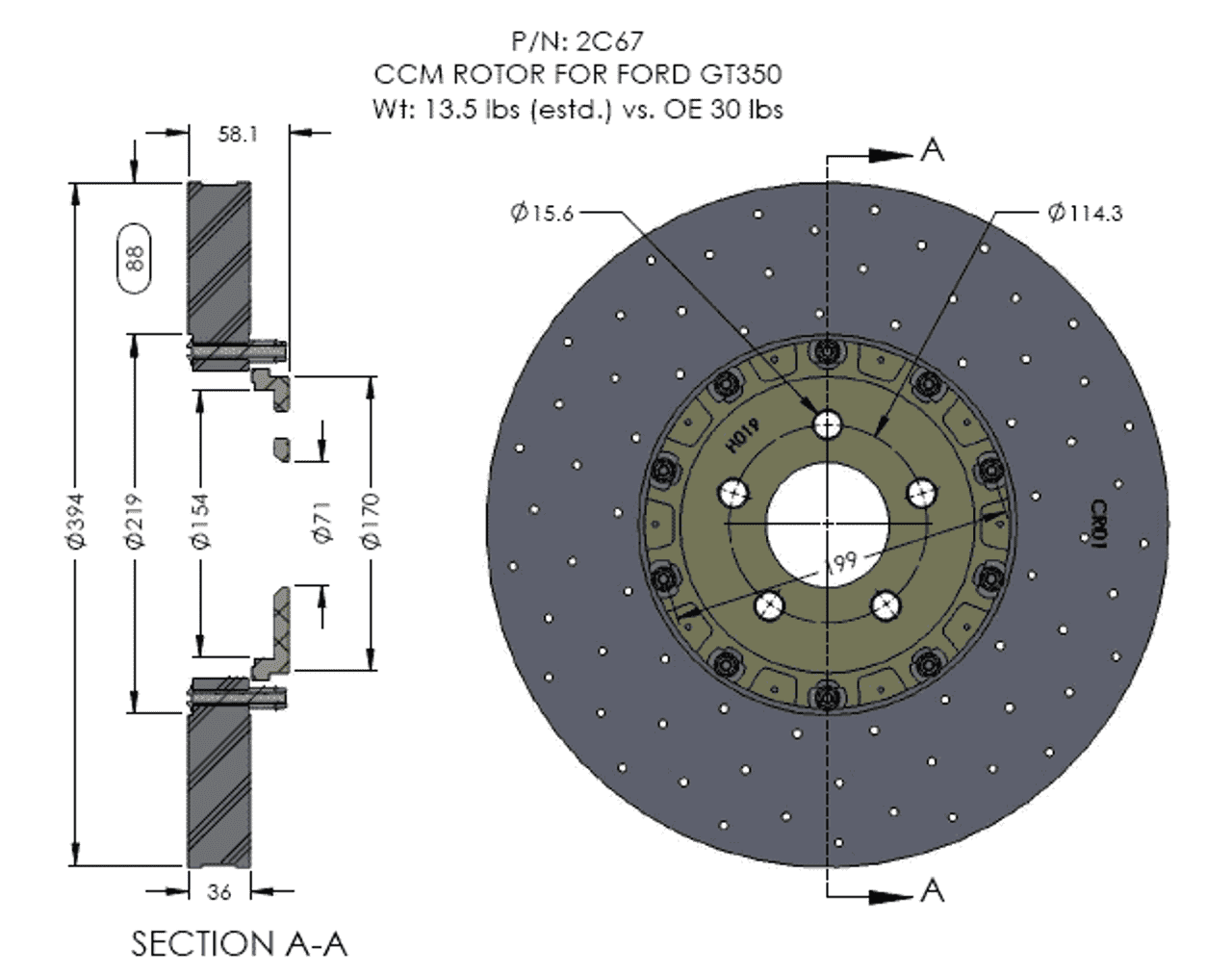 RB-CCB Rotor Kit (394/380mm) for Ford GT350 Upgrade Fits OE Calipers  & Retain Rear Emergency Drum Brake w/o Modifications (P/N 2C67 & 2C98)