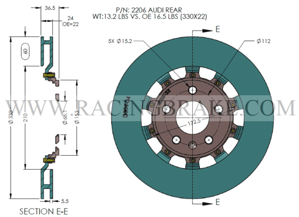RB 2pc Rotor Kit (355/330) for Audi A6/7/8 2012+ (P/N 2464 & 2206)