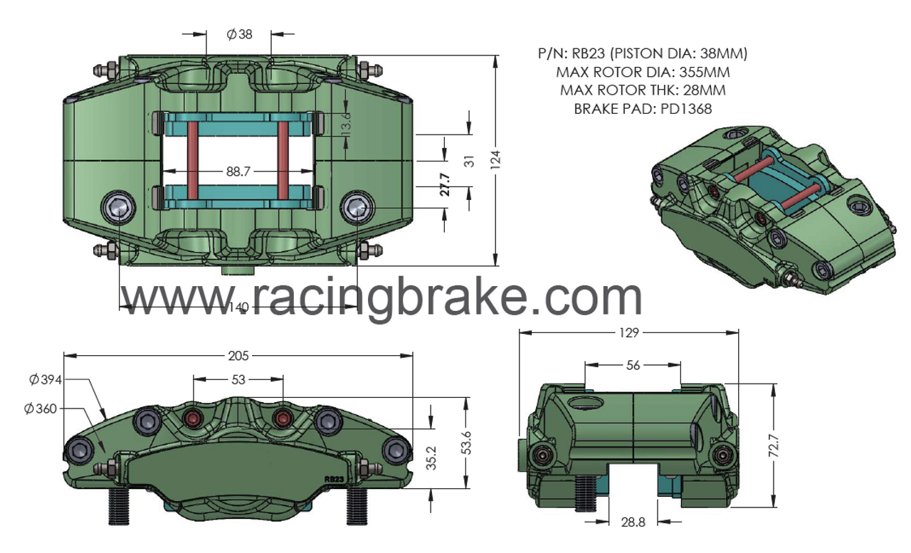 RB23  Caliper (140x27.7) 2-Piston: 38mm for Rear To Match w/RB4045 Front (Price per each)