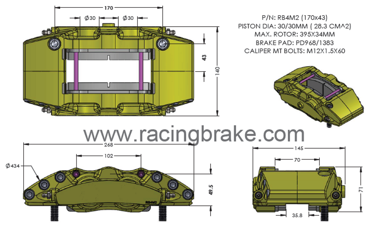 RB4M2 4-Piston Caliper - 170x43 mm for GTR Replacement Rear (Price per each)