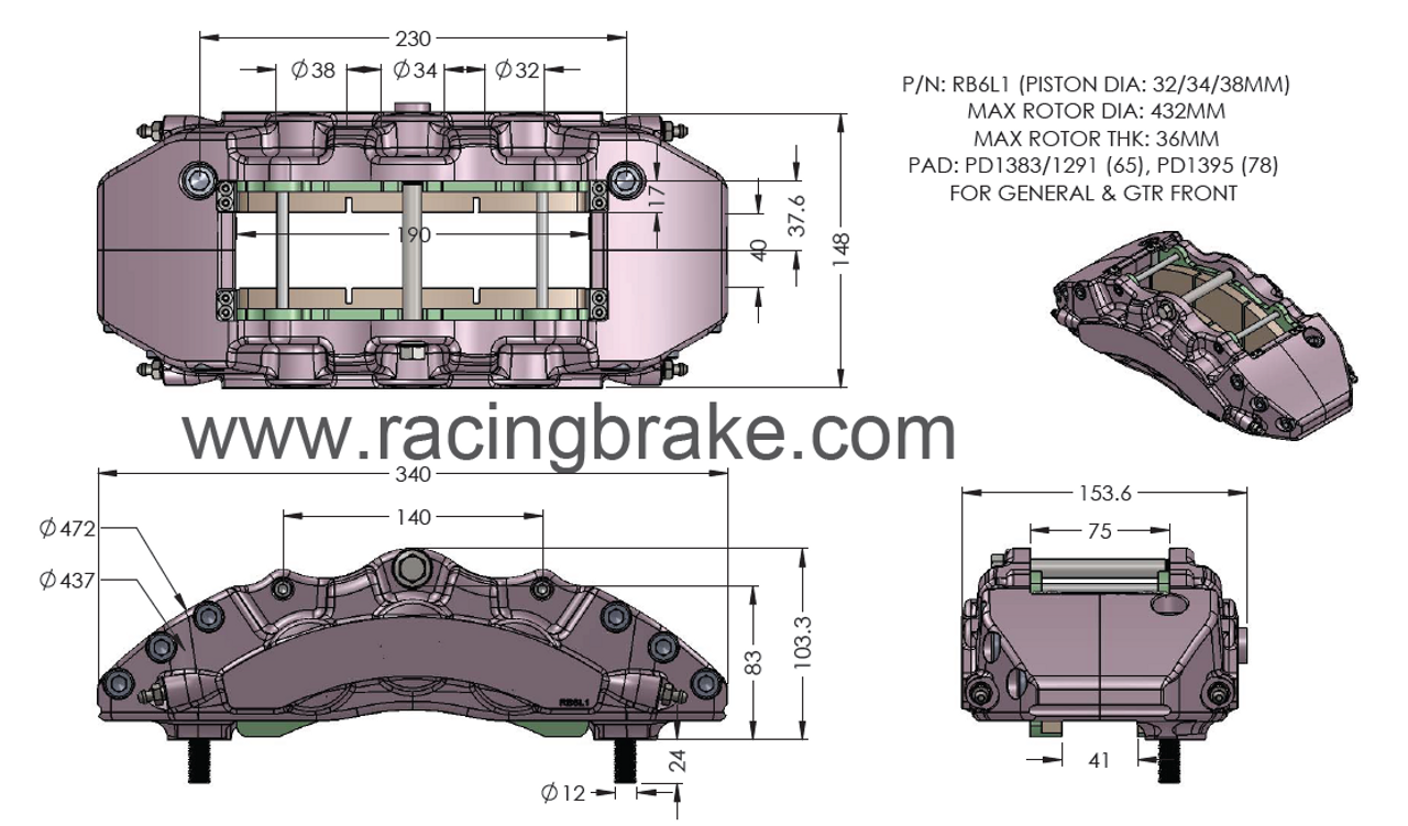 RB6L1 Caliper (230x37.6) 6-Piston: 32/34/38mm for GTR Front (Price per each)