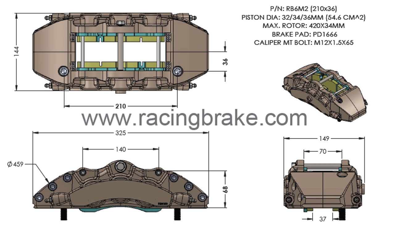 RB6M3 Caliper (210x36) 6-Piston: 32/34/36mm for Front (Price per each)