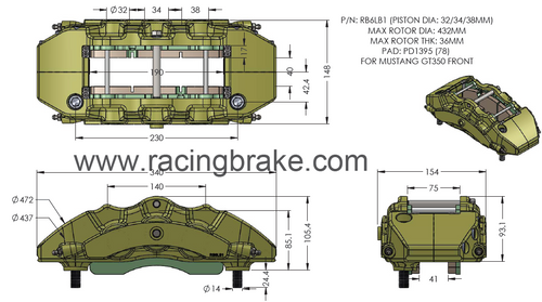 RB6LB Caliper (230x42) 6 Piston: 32/34/38mm for Mustang GT350 Front (Price per each)