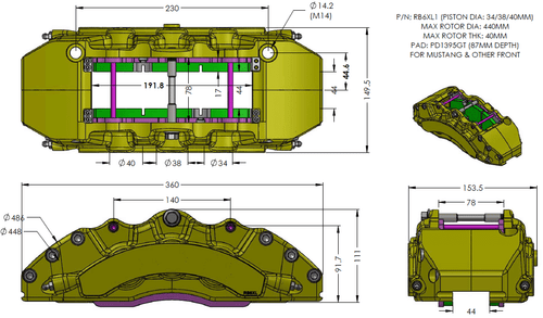 RB6XL1 Caliper (230x44) 6-Piston: 34/38/40mm for Ford Mustang GT500 (2020+), Audi C8  Front Direct Replacement (Price per each)
