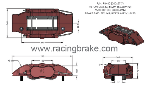 RB460 4-Piston Caliper - 200x27.7 mm for Front (Price per each)